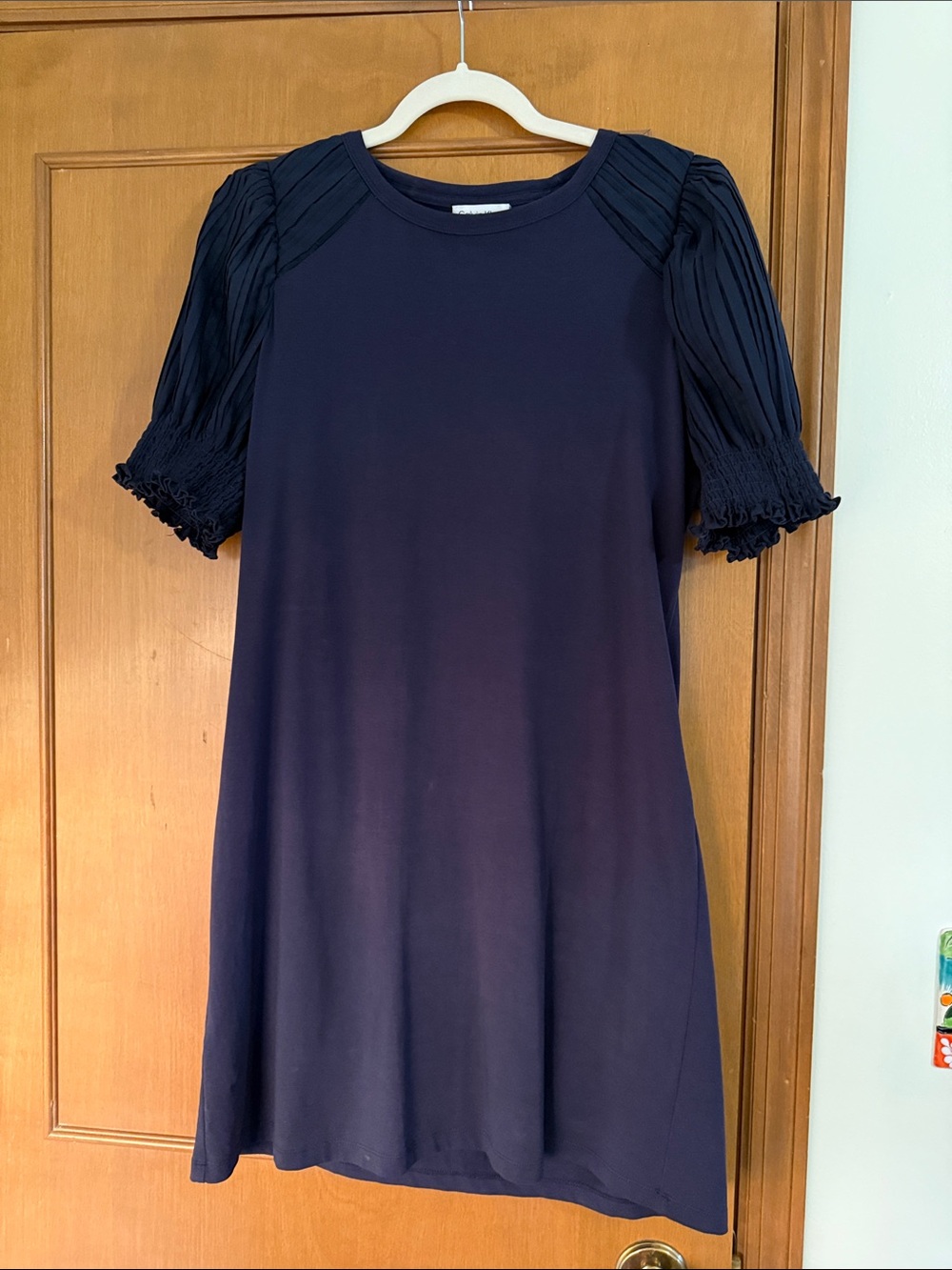 Calvin Klein Navy Blue Midi Dress with Pleated Puff Sleeves